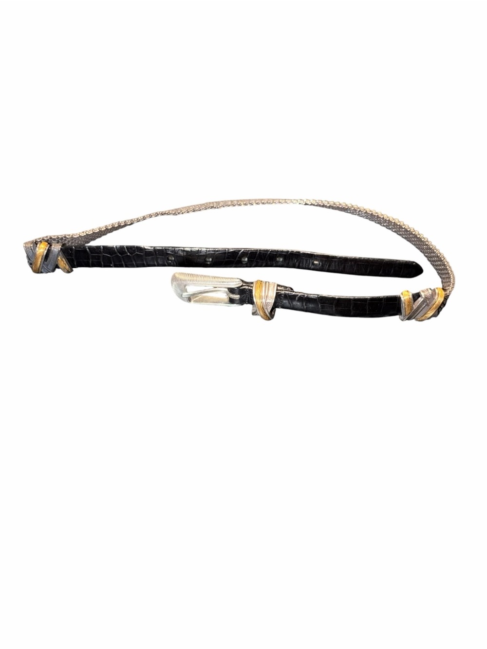 Vintage Brighton C5003 Black Leather Chain Belt Small Mixed Metal Western Y2K